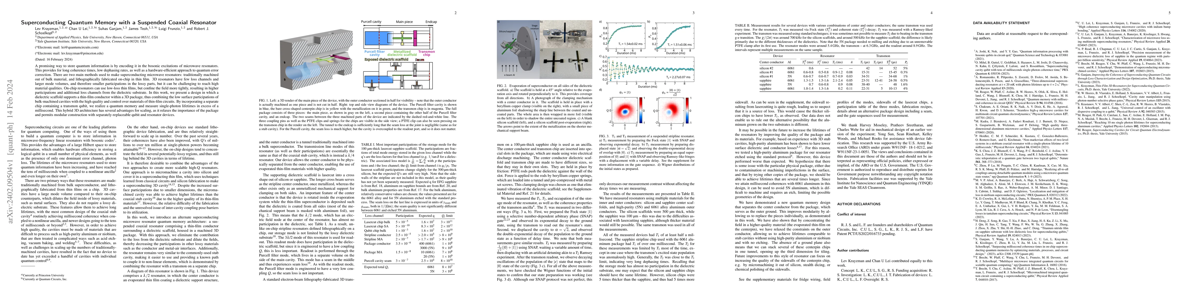 Thumbnail for Superconducting Quantum Memory with a Suspended Coaxial Resonator