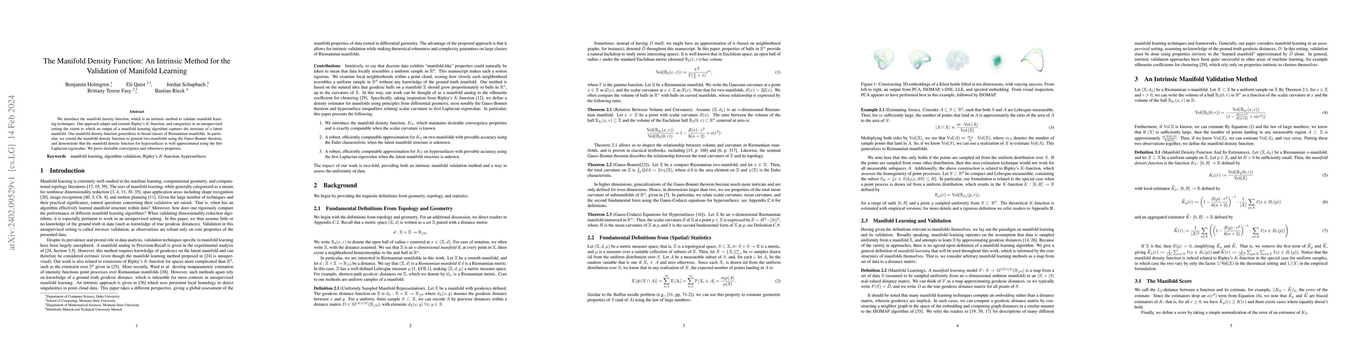 Thumbnail for The Manifold Density Function: An Intrinsic Method for the Validation of
  Manifold Learning