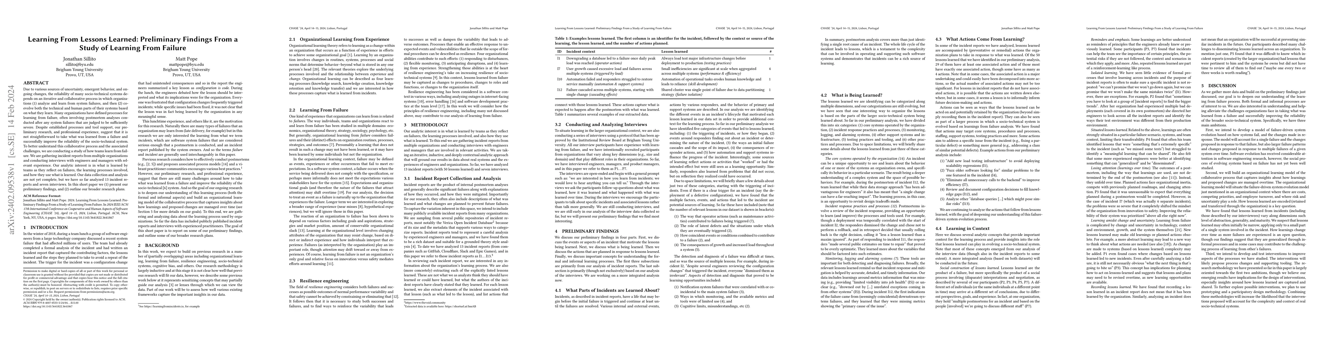 Thumbnail for Learning From Lessons Learned: Preliminary Findings From a Study of
  Learning From Failure