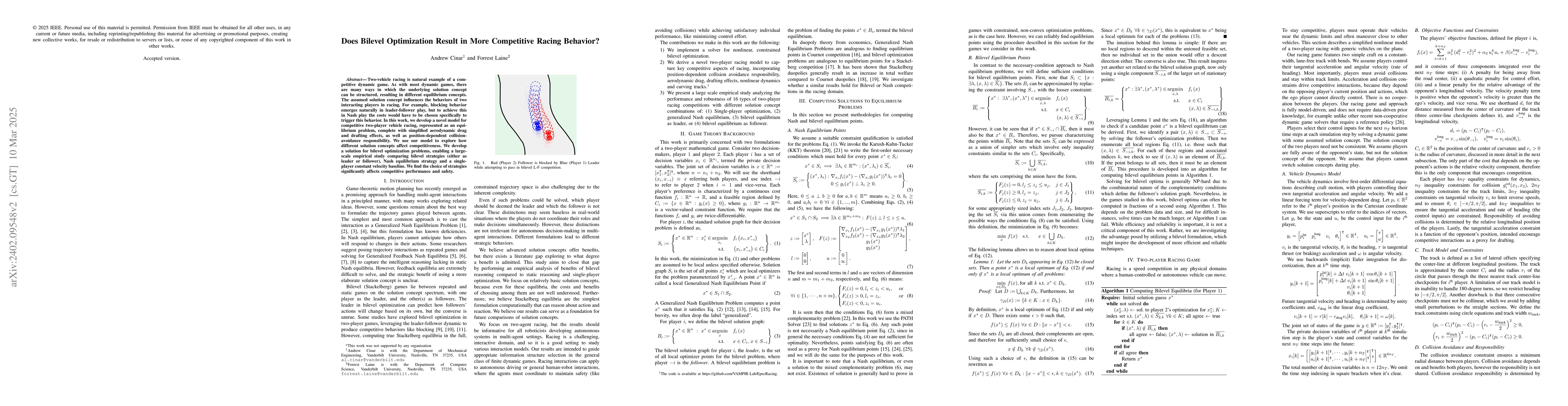 Thumbnail for Does bilevel optimization result in more competitive racing behavior?