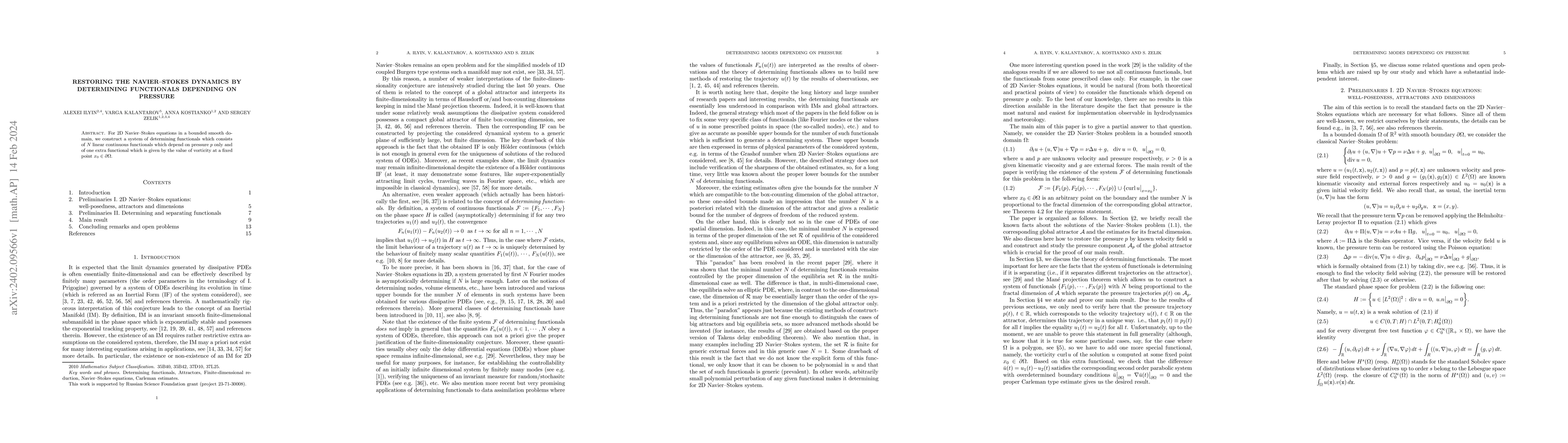 Thumbnail for Restoring the Navier--Stokes dynamics by determining functionals
  depending on pressure