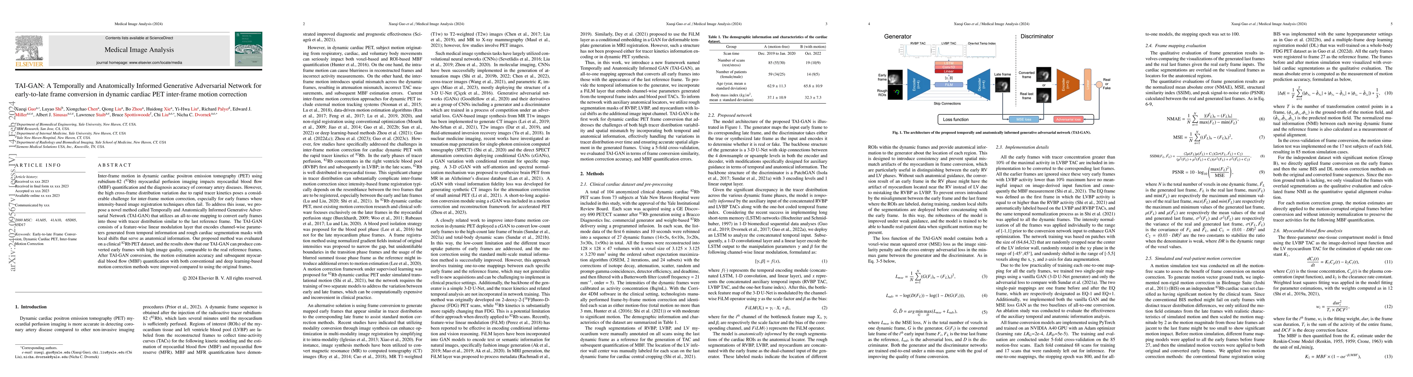 Thumbnail for TAI-GAN: A Temporally and Anatomically Informed Generative Adversarial
  Network for early-to-late frame conversion in dynamic cardiac PET inter-frame
  motion correction