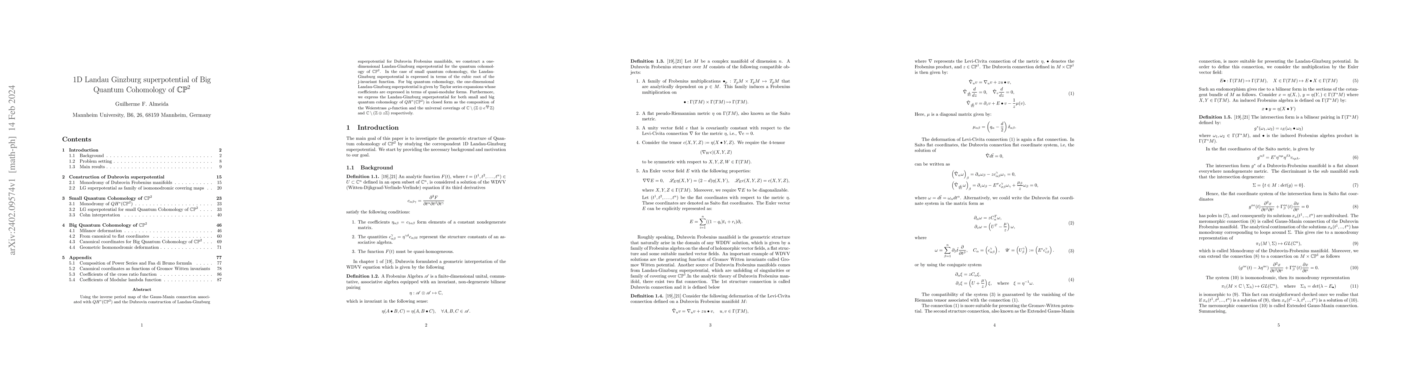 Thumbnail for 1 D Landau Ginzburg superpotential of Big Quantum Cohomology of CP2