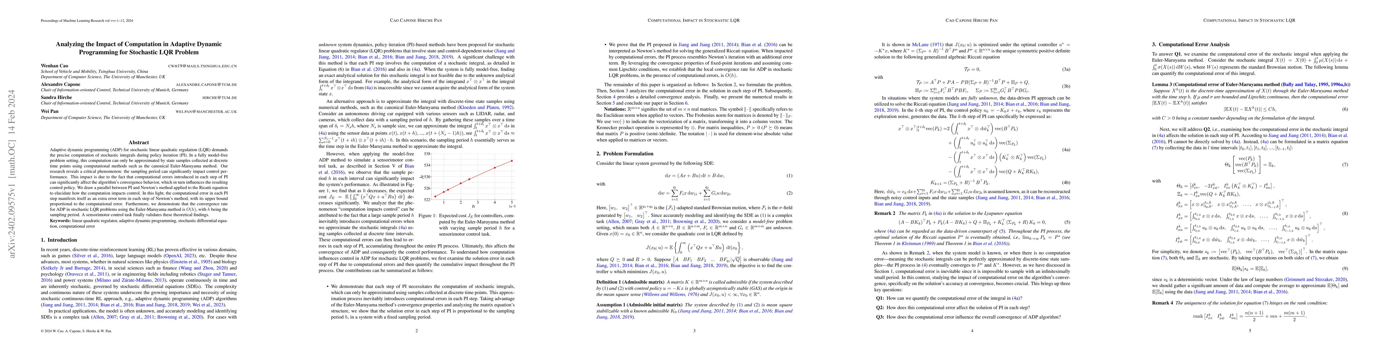 Thumbnail for Analyzing the Impact of Computation in Adaptive Dynamic Programming for
  Stochastic LQR Problem