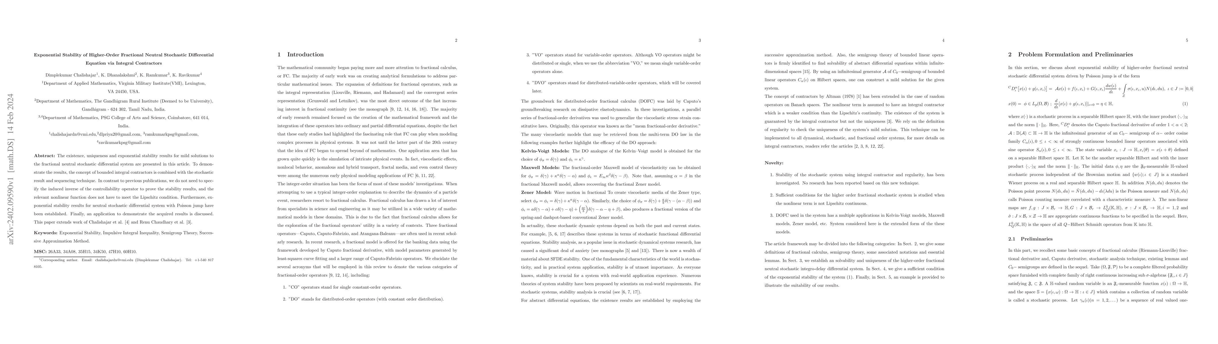 Thumbnail for Exponential Stability of Higher-Order Fractional Neutral Stochastic
  Differential Equation via Integral Contractors