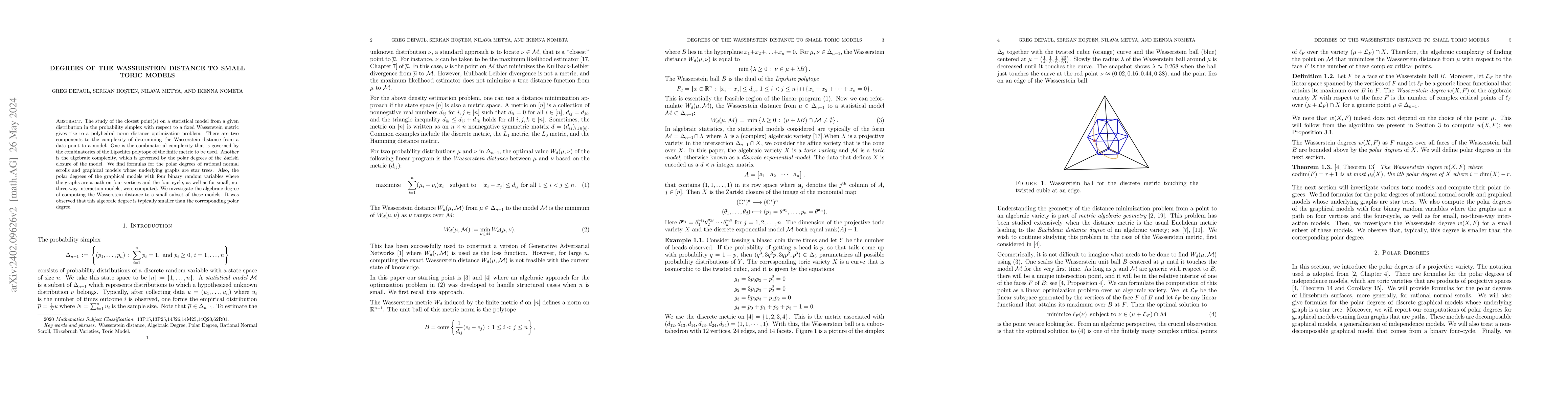 Thumbnail for Degrees of the Wasserstein Distance to Small Toric Models