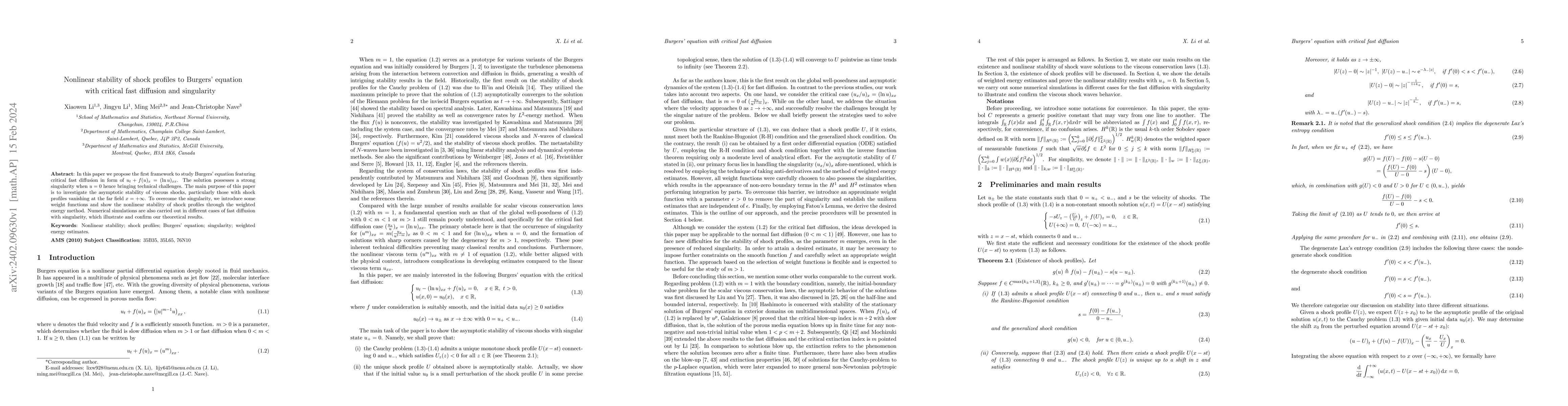 Thumbnail for Nonlinear stability of shock profiles to Burgers' equation with critical
  fast diffusion and singularity