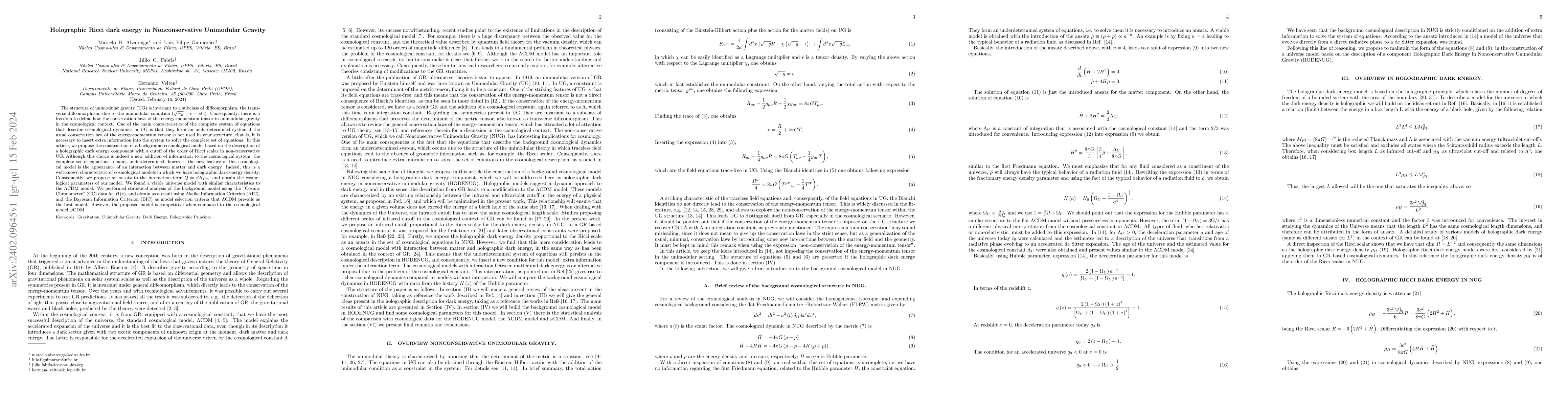 Thumbnail for Holographic Ricci dark energy in Nonconservative Unimodular Gravity