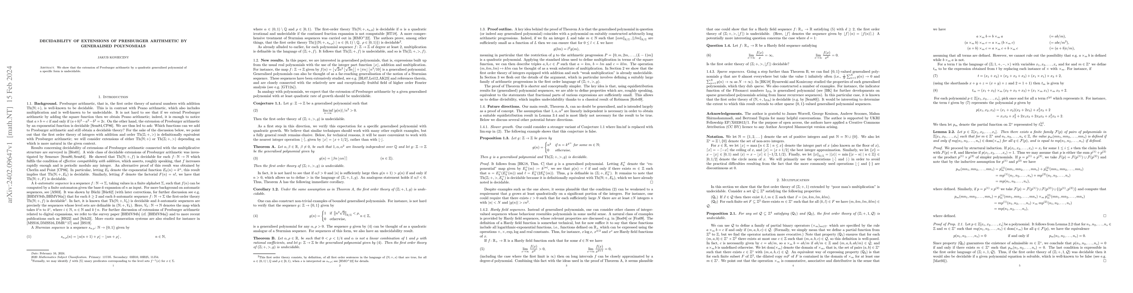 Thumbnail for Decidability of extensions of Presburger arithmetic by generalised
  polynomials