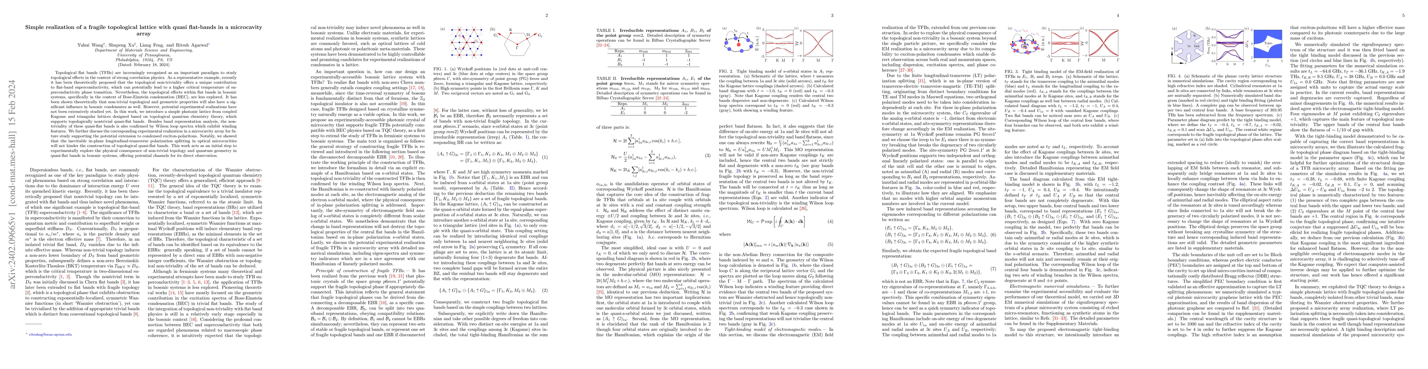 Thumbnail for Simple realization of a fragile topological lattice with quasi
  flat-bands in a microcavity array