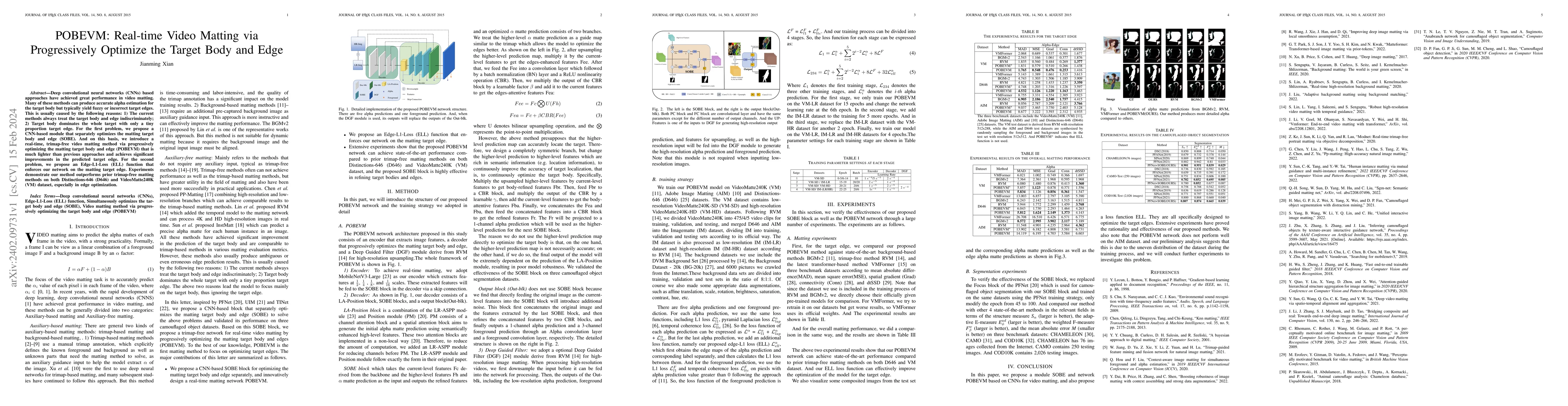 Thumbnail for POBEVM: Real-time Video Matting via Progressively Optimize the Target
  Body and Edge