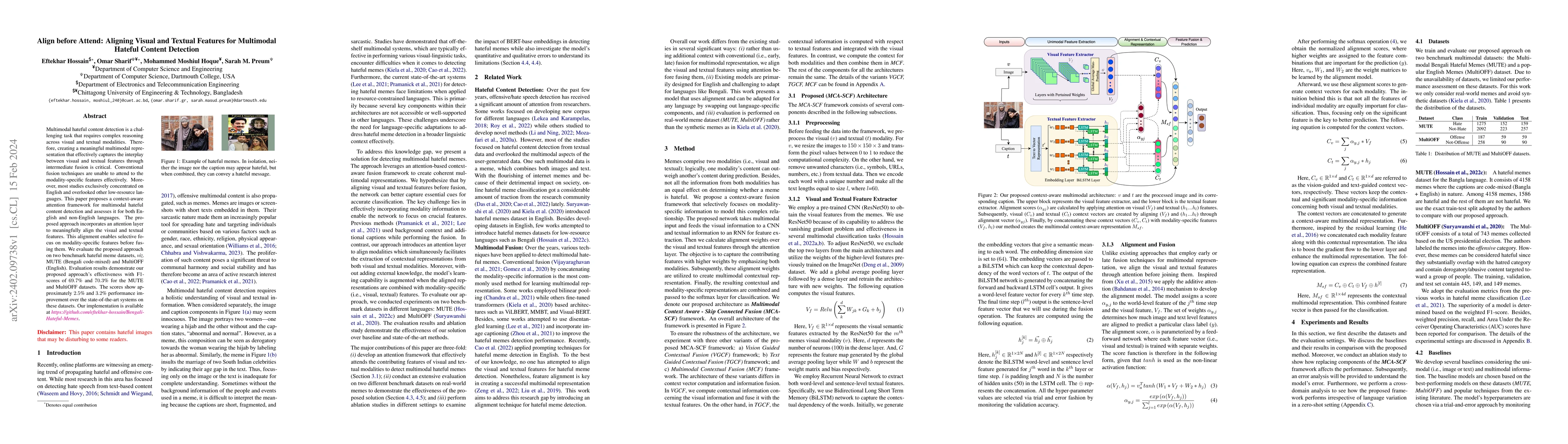 Thumbnail for Align before Attend: Aligning Visual and Textual Features for Multimodal
  Hateful Content Detection