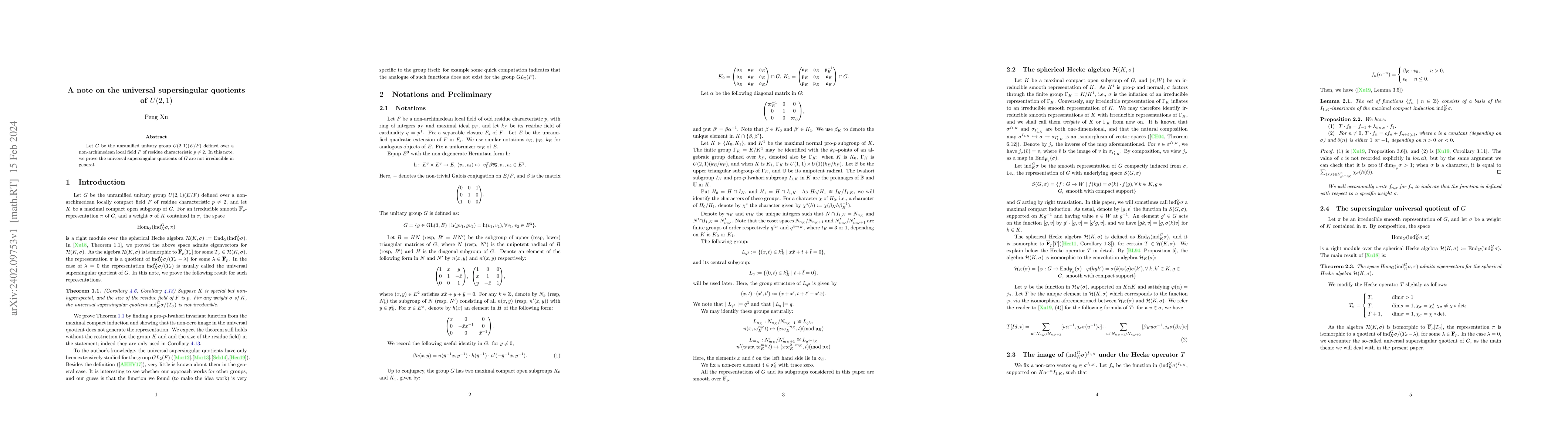 Thumbnail for A note on the universal supersingular quotients of $U(2,1)$