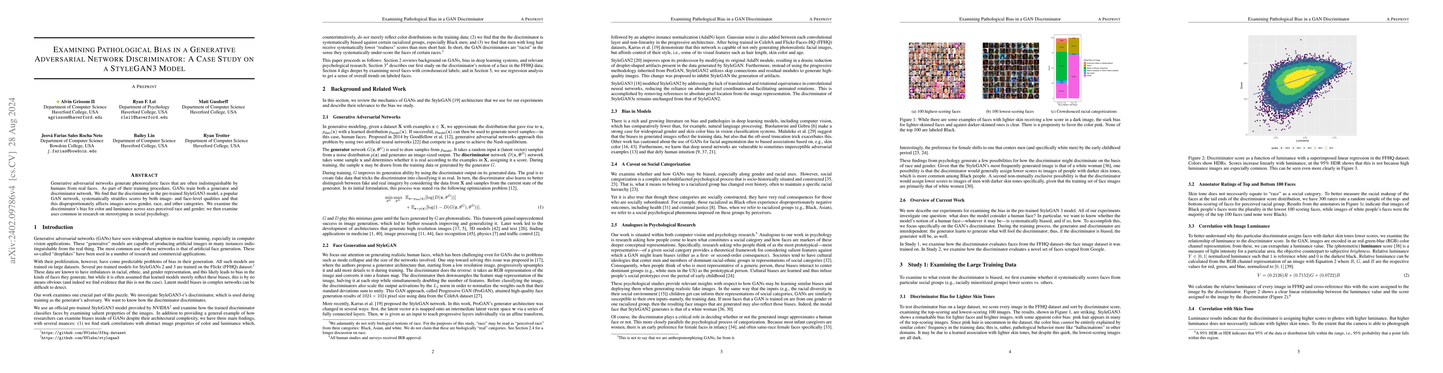Thumbnail for Examining Pathological Bias in a Generative Adversarial Network
  Discriminator: A Case Study on a StyleGAN3 Model