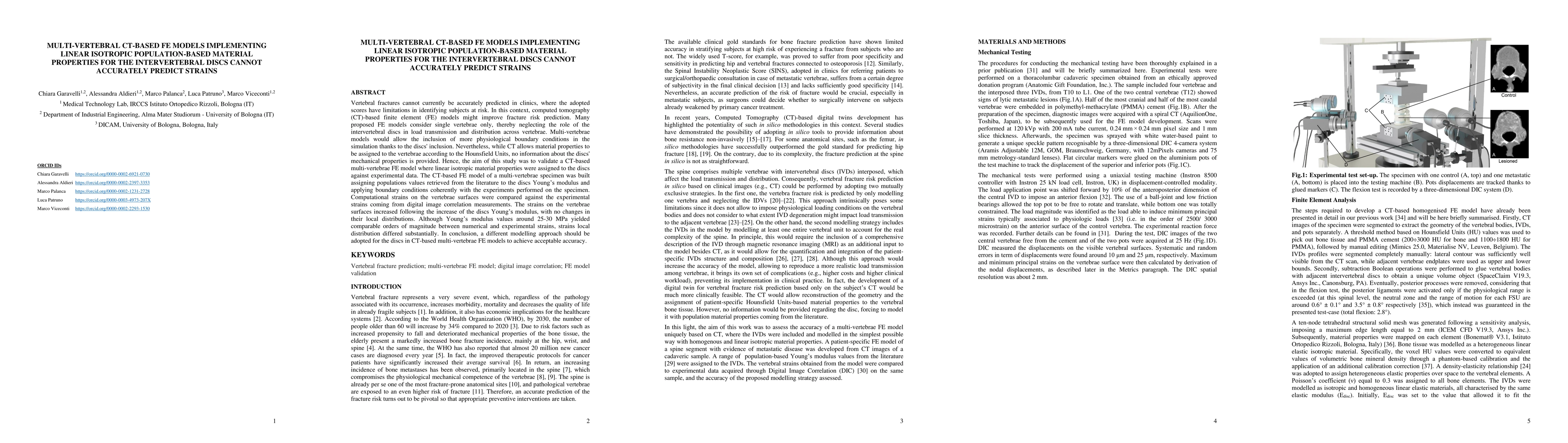Thumbnail for Multi-vertebral CT-based FE models implementing linear isotropic
  population-based material properties for the intervertebral discs cannot
  accurately predict strains