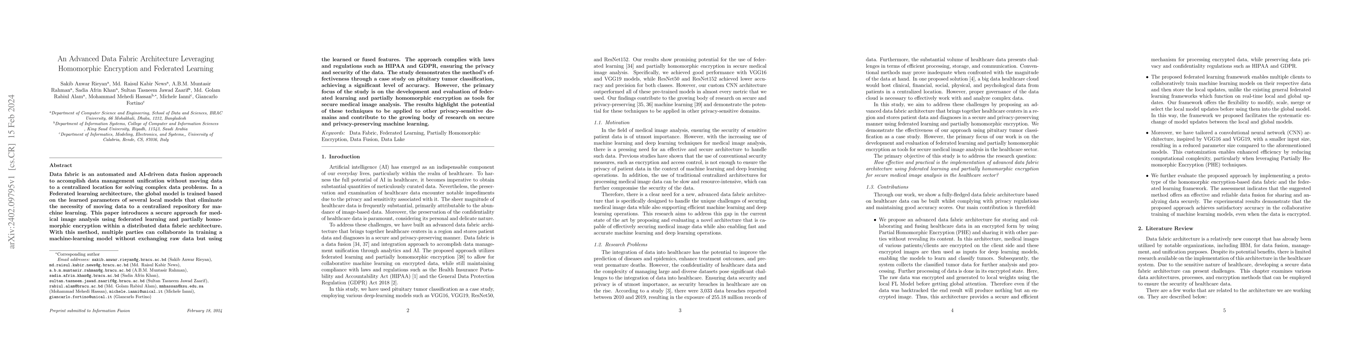 Thumbnail for An advanced data fabric architecture leveraging homomorphic encryption
  and federated learning