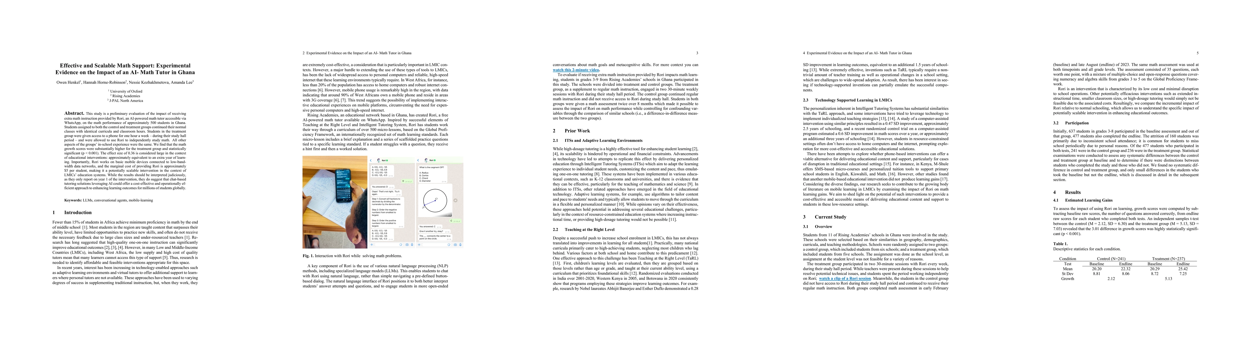 Thumbnail for Effective and Scalable Math Support: Evidence on the Impact of an AI-
  Tutor on Math Achievement in Ghana