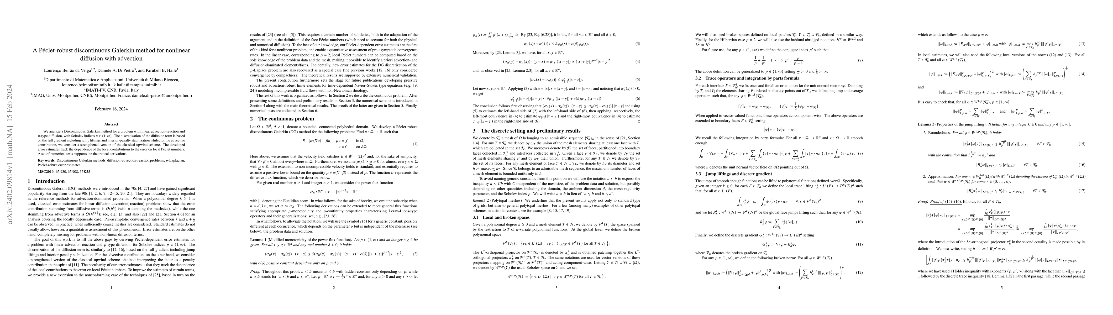 Thumbnail for A P\'eclet-robust discontinuous Galerkin method for nonlinear diffusion
  with advection