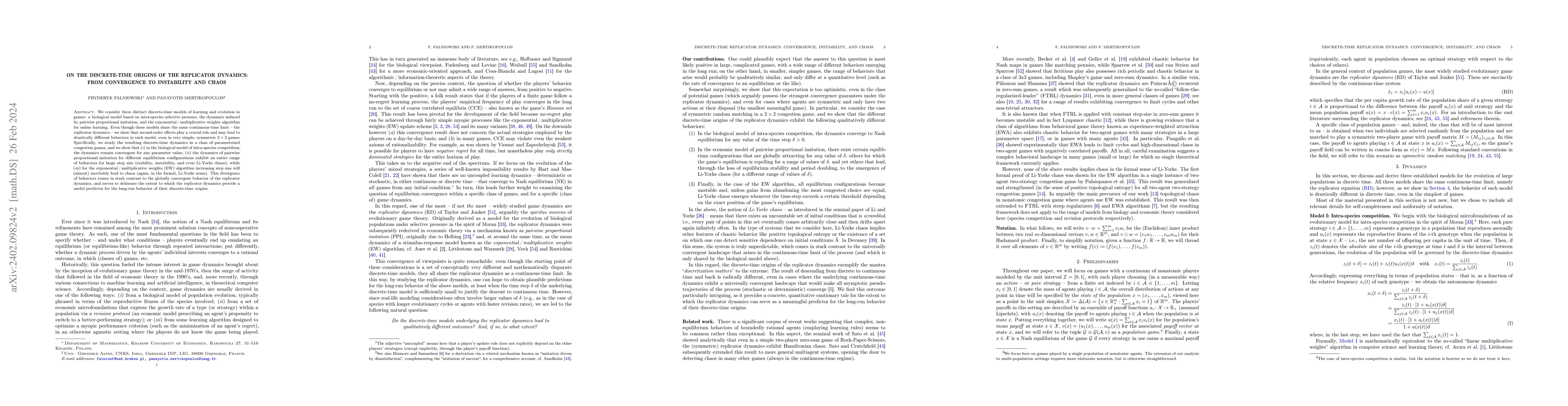 Thumbnail for On the discrete-time origins of the replicator dynamics: From
  convergence to instability and chaos