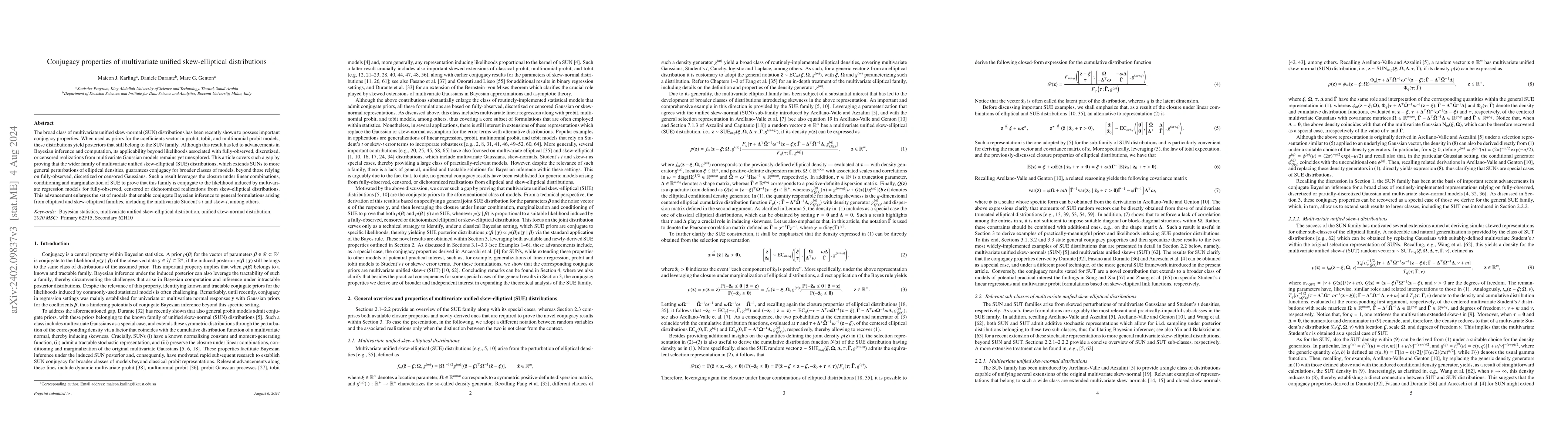 Thumbnail for Conjugacy properties of multivariate unified skew-elliptical
  distributions