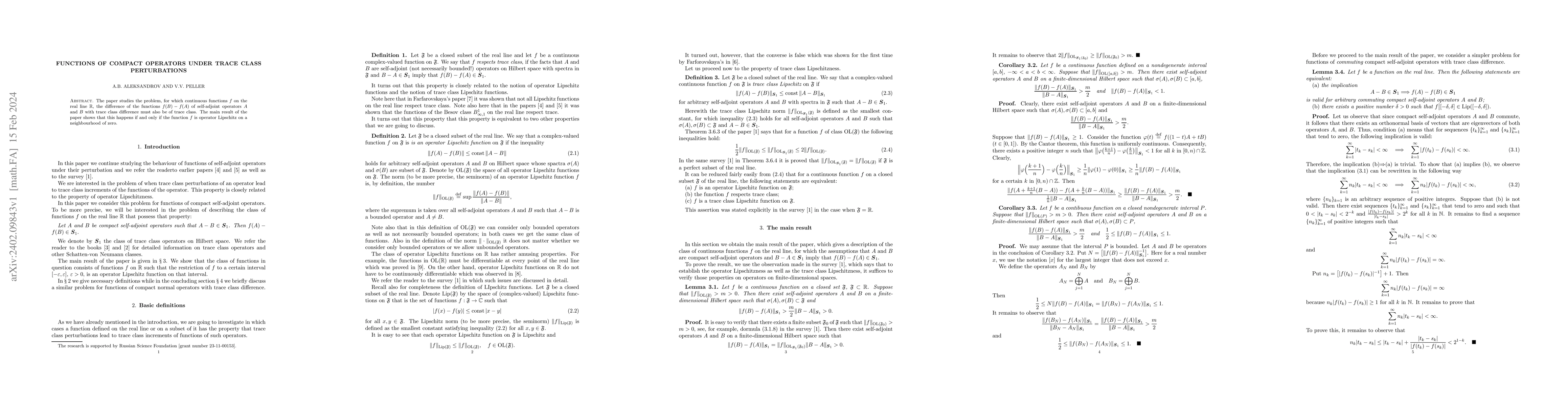 Thumbnail for Functions of compact operators under trace class perturbations