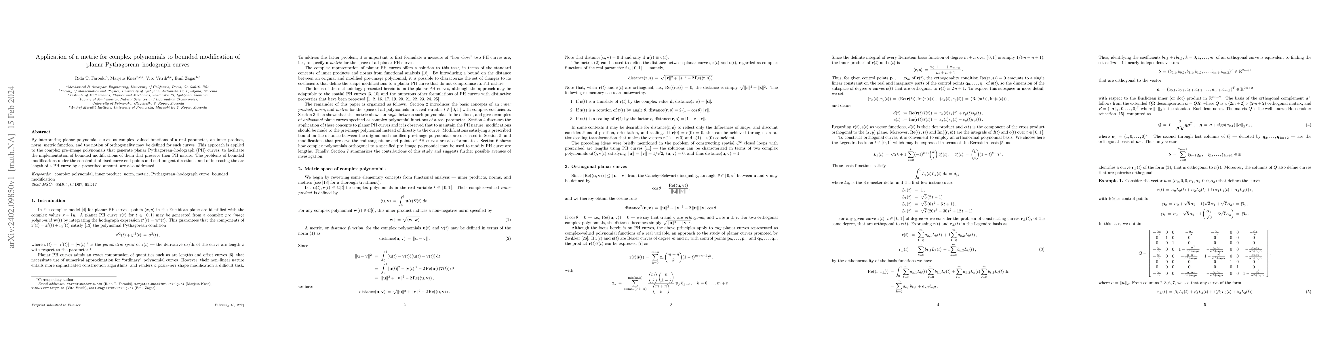 Thumbnail for Application of a metric for complex polynomials to bounded modification
  of planar Pythagorean-hodograph curves