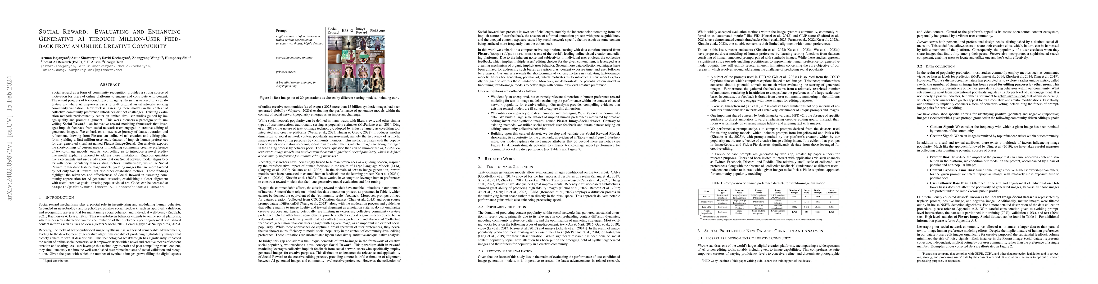 Thumbnail for Social Reward: Evaluating and Enhancing Generative AI through
  Million-User Feedback from an Online Creative Community