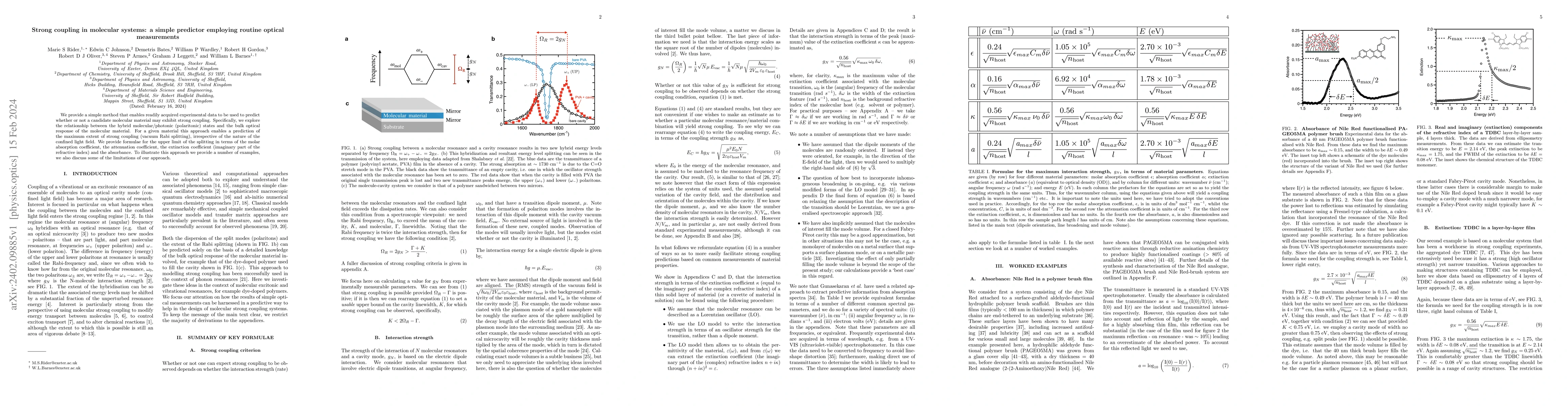 Thumbnail for Strong coupling in molecular systems: a simple predictor employing
  routine optical measurements