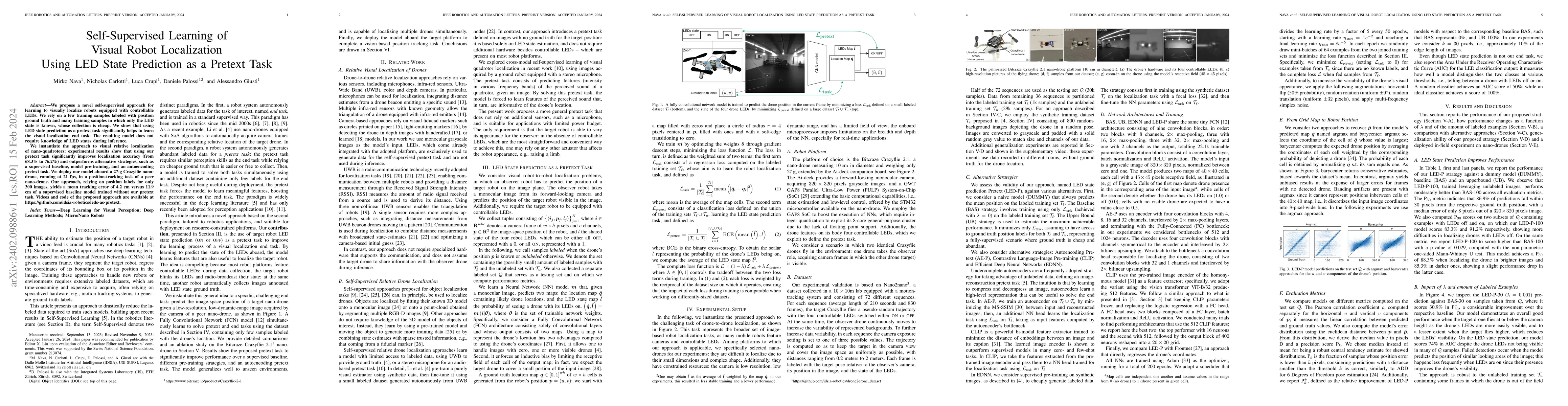 Thumbnail for Self-Supervised Learning of Visual Robot Localization Using LED State
  Prediction as a Pretext Task