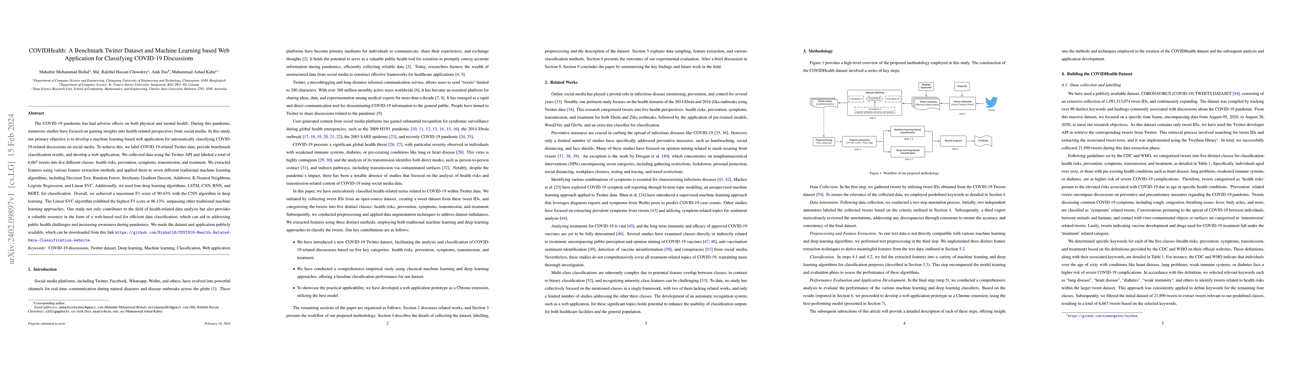 Thumbnail for COVIDHealth: A Benchmark Twitter Dataset and Machine Learning based Web
  Application for Classifying COVID-19 Discussions