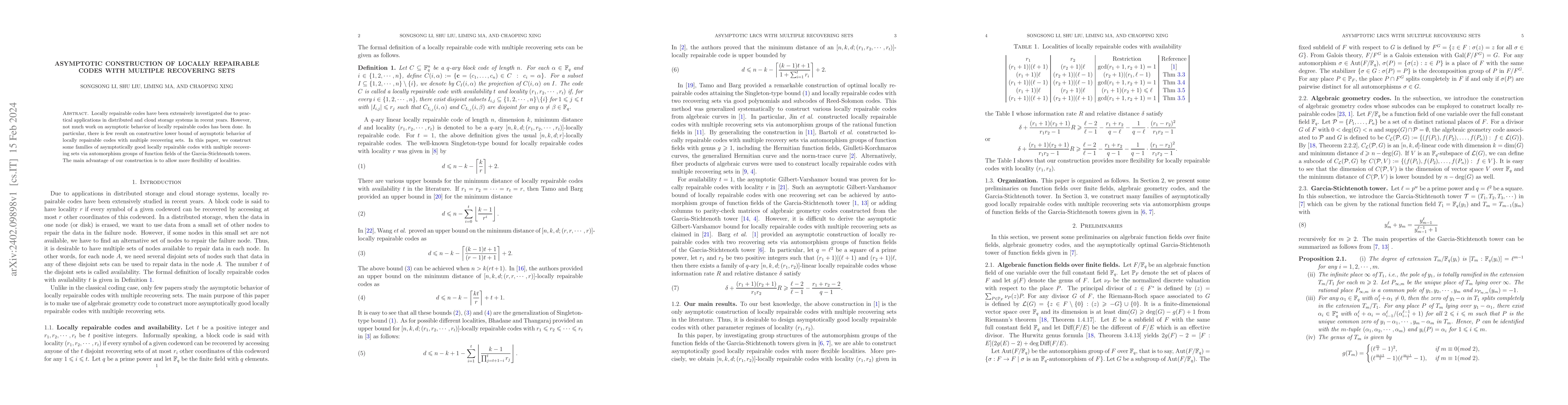 Thumbnail for Asymptotic construction of locally repairable codes with multiple
  recovering sets