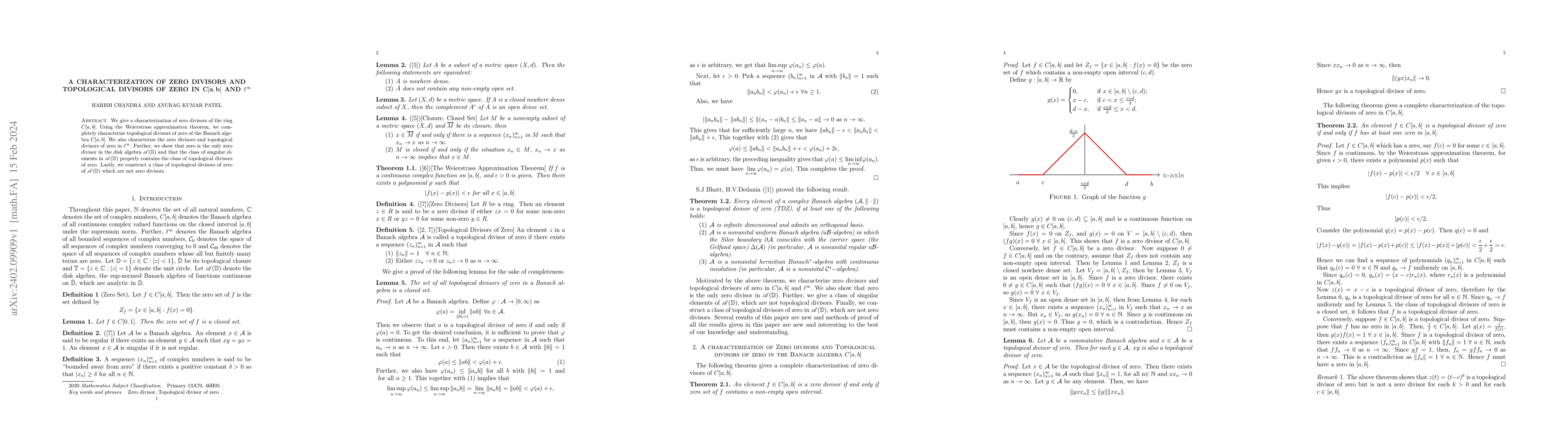 Thumbnail for A Characterization of Zero Divisors and Topological Divisors of Zero in
  $C[a, b]$ and $\ell^\infty$