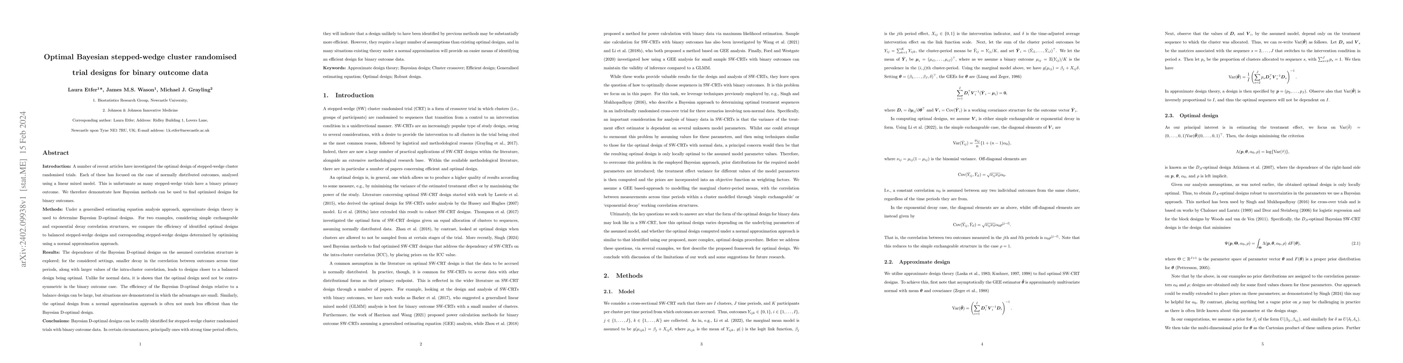 Thumbnail for Optimal Bayesian stepped-wedge cluster randomised trial designs for
  binary outcome data