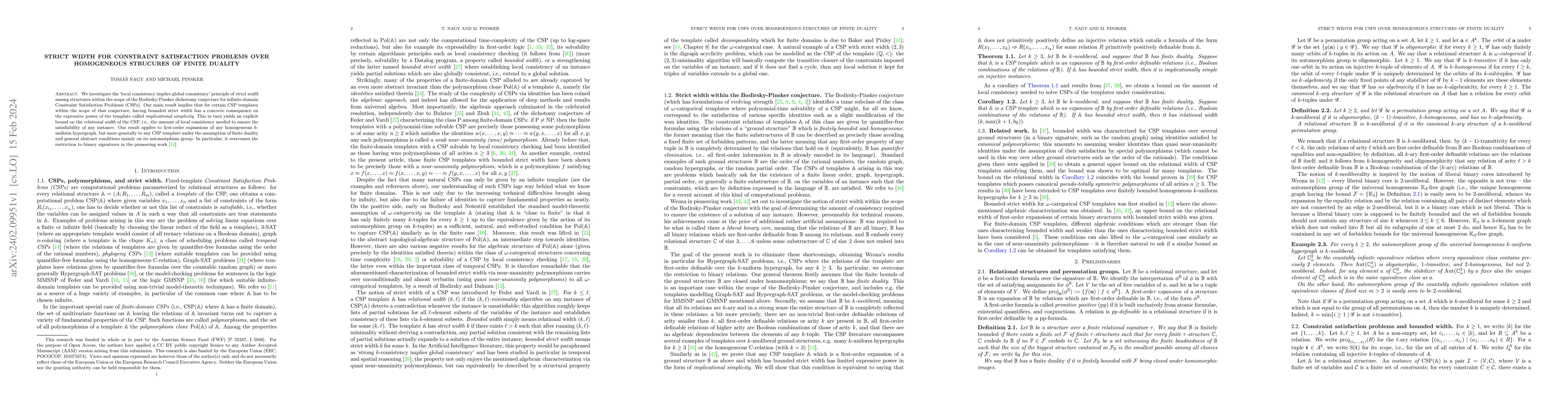 Thumbnail for Strict width for Constraint Satisfaction Problems over homogeneous
  strucures of finite duality