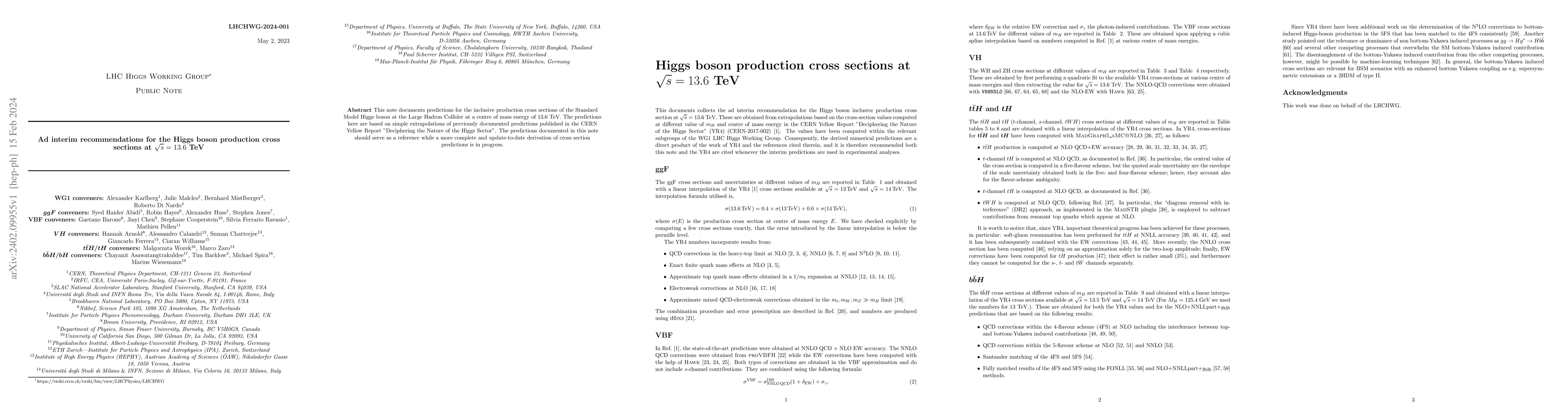 Thumbnail for Ad interim recommendations for the Higgs boson production cross sections
  at $\sqrt{s} = 13.6$ TeV
