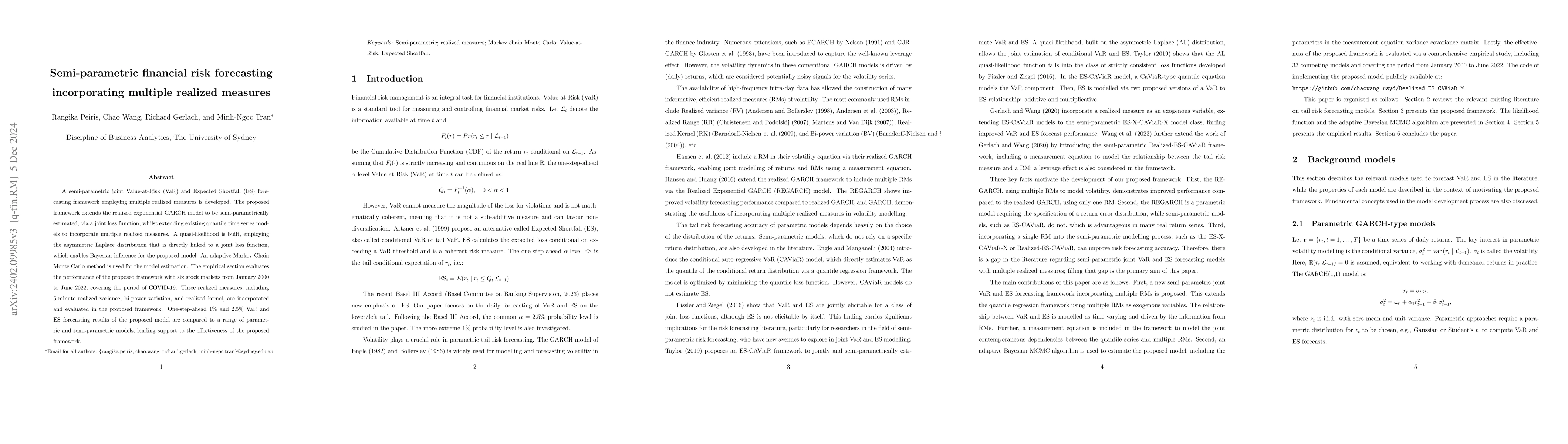 Thumbnail for Semi-parametric financial risk forecasting incorporating multiple
  realized measures