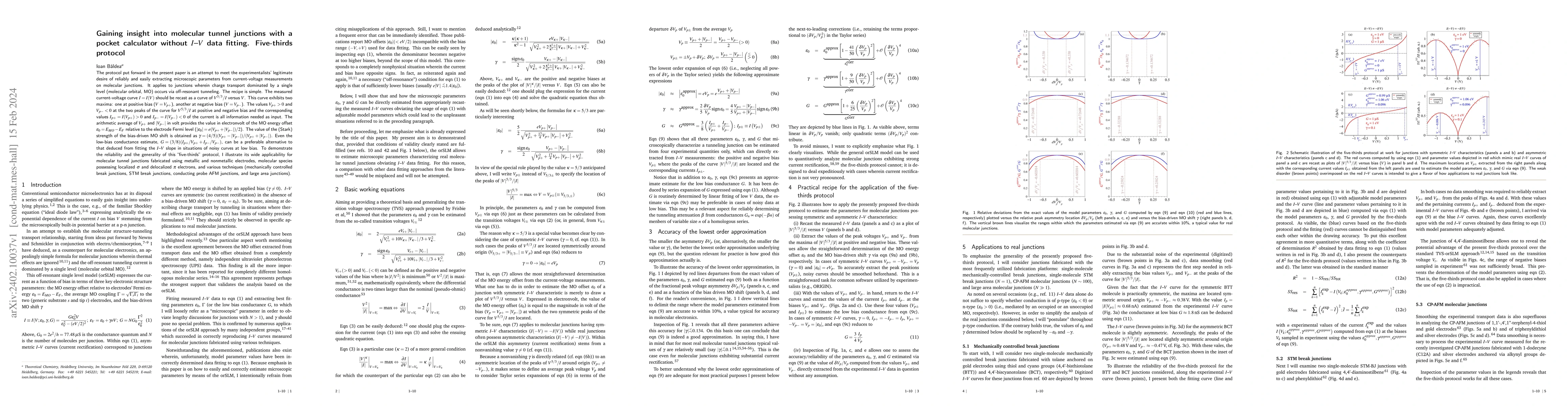 Thumbnail for Gaining insight into molecular tunnel junctions with a pocket calculator
  without I-V data fitting. Five-thirds protocol
