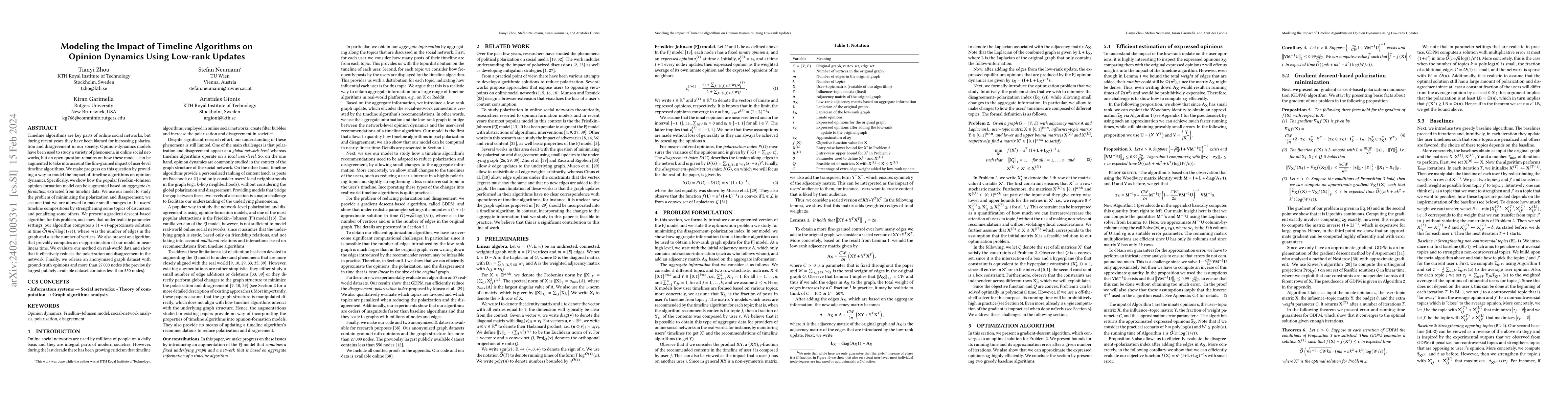 Thumbnail for Modeling the Impact of Timeline Algorithms on Opinion Dynamics Using
  Low-rank Updates