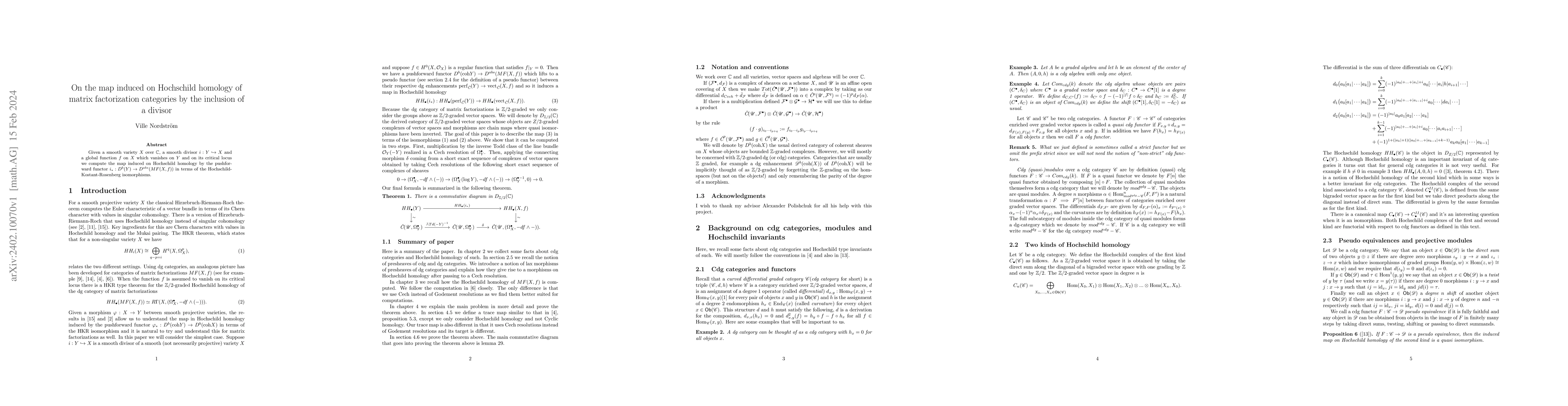 Thumbnail for On the map induced on Hochschild homology of matrix factorization
  categories by the inclusion of a divisor