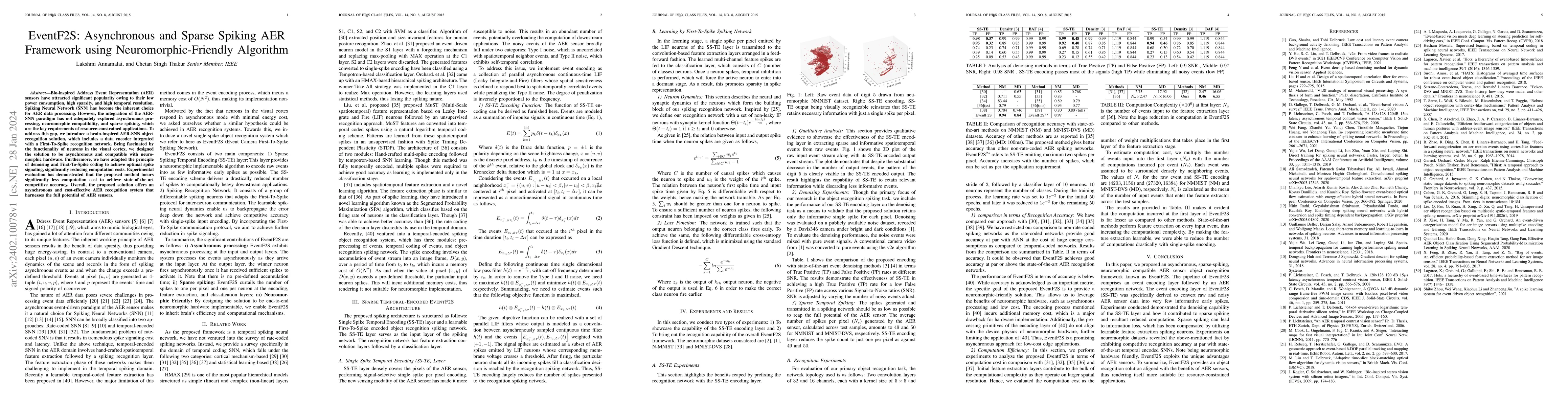 Thumbnail for EventF2S: Asynchronous and Sparse Spiking AER Framework using
  Neuromorphic-Friendly Algorithm