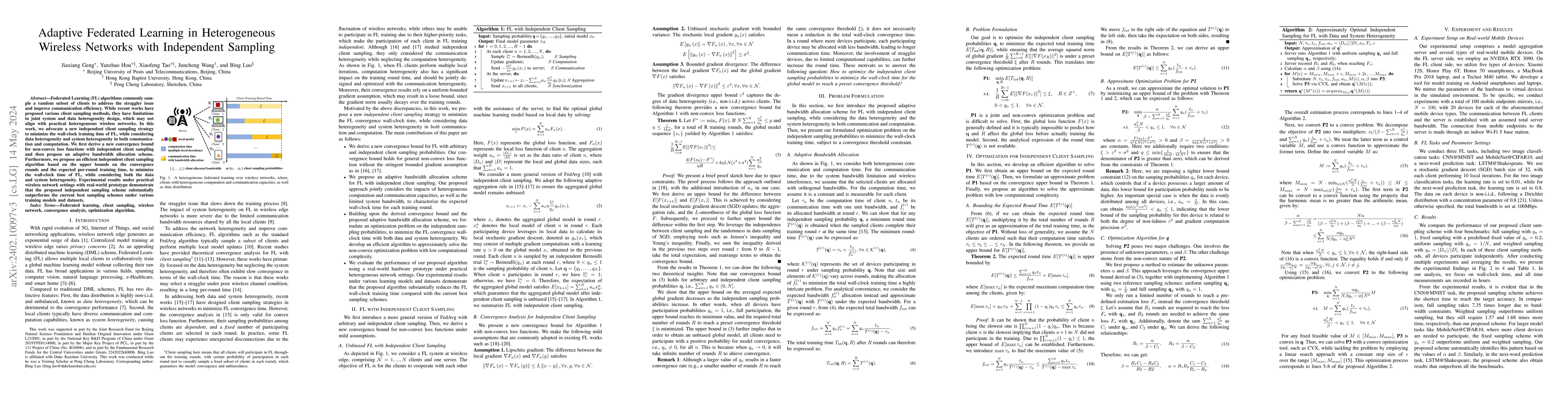 Thumbnail for Adaptive Federated Learning in Heterogeneous Wireless Networks with
  Independent Sampling