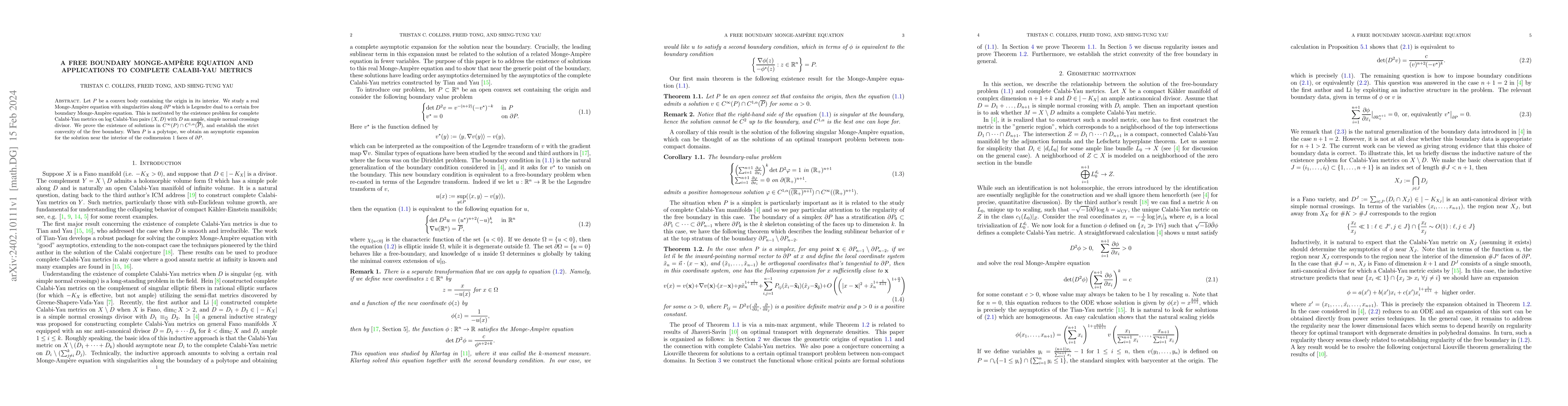 Thumbnail for A free boundary Monge-Amp\`ere equation and applications to complete
  Calabi-Yau metrics