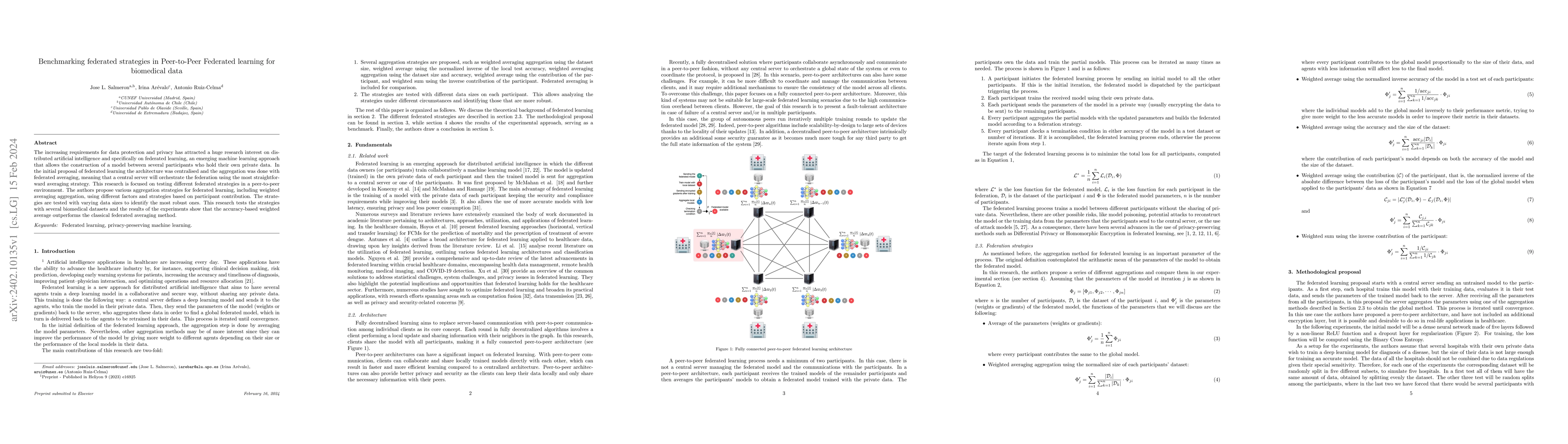 Thumbnail for Benchmarking federated strategies in Peer-to-Peer Federated learning for
  biomedical data