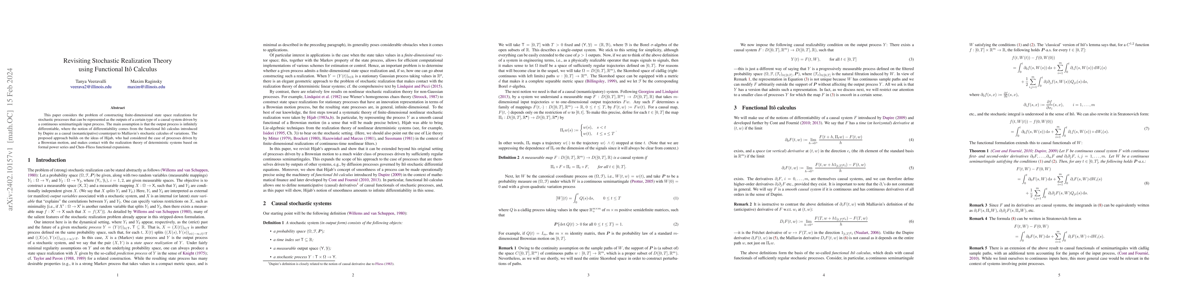 Thumbnail for Revisiting Stochastic Realization Theory using Functional It\^o Calculus