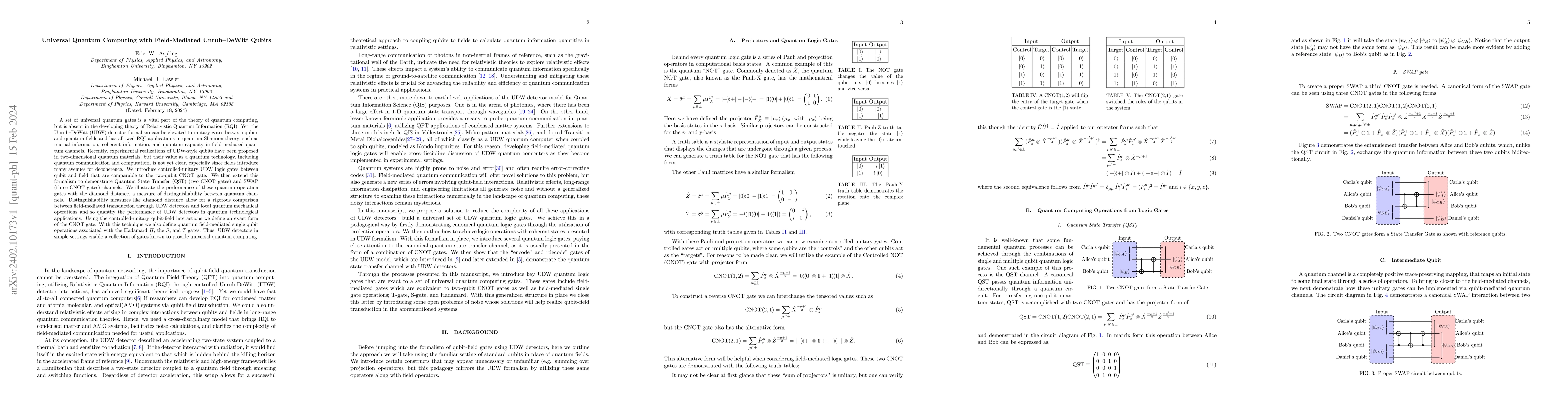 Thumbnail for Universal Quantum Computing with Field-Mediated Unruh--DeWitt Qubits