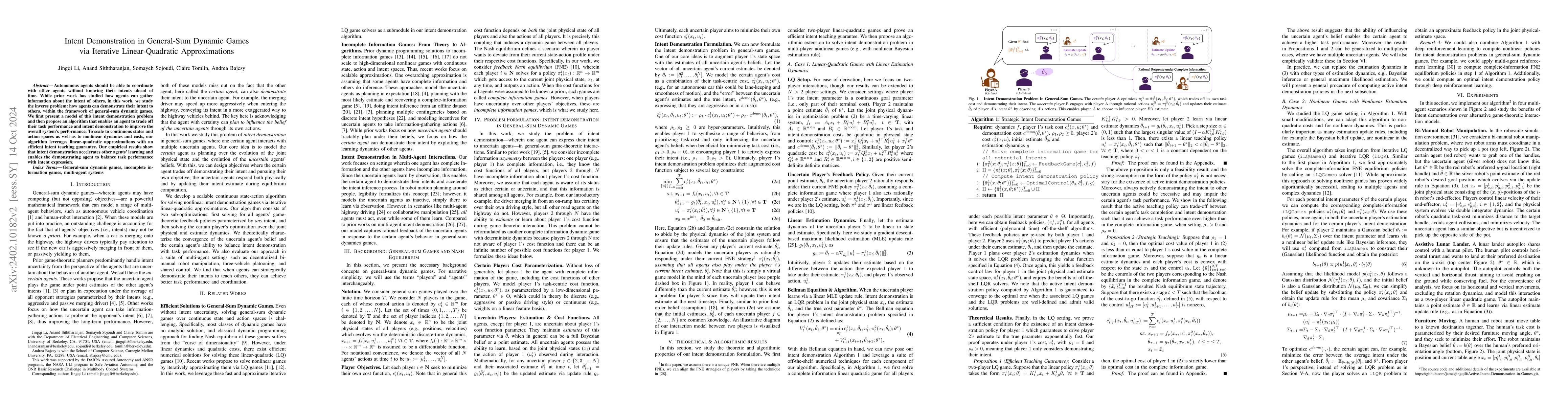 Thumbnail for Intent Demonstration in General-Sum Dynamic Games via Iterative
  Linear-Quadratic Approximations