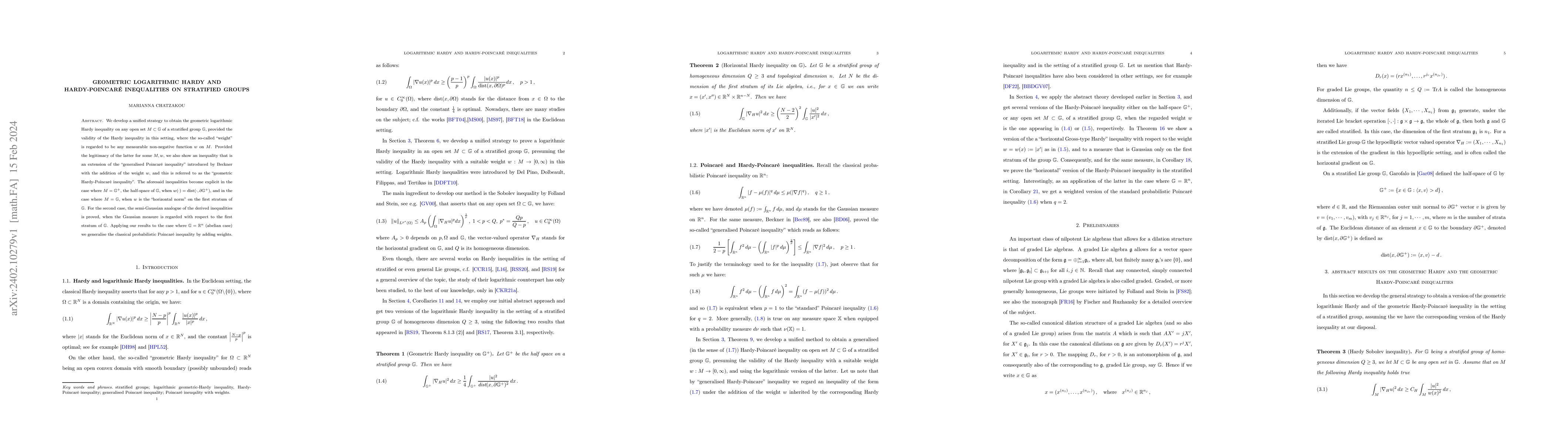 Thumbnail for Geometric logarithmic-Hardy and Hardy-Poincar\'e inequalities on
  stratified groups