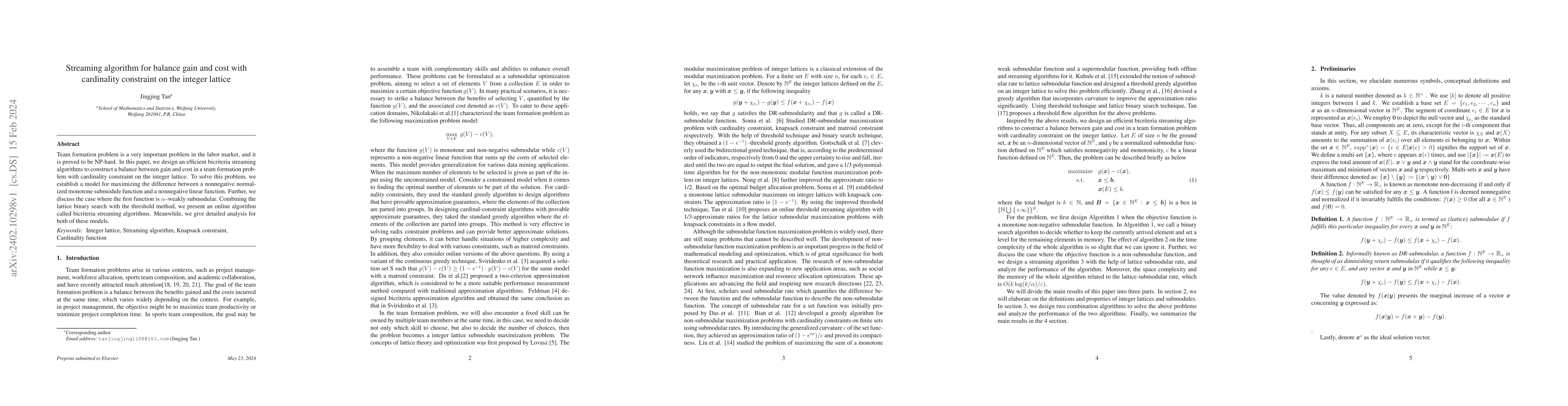 Thumbnail for Streaming algorithm for balance gain and cost with cardinality
  constraint on the integer lattice