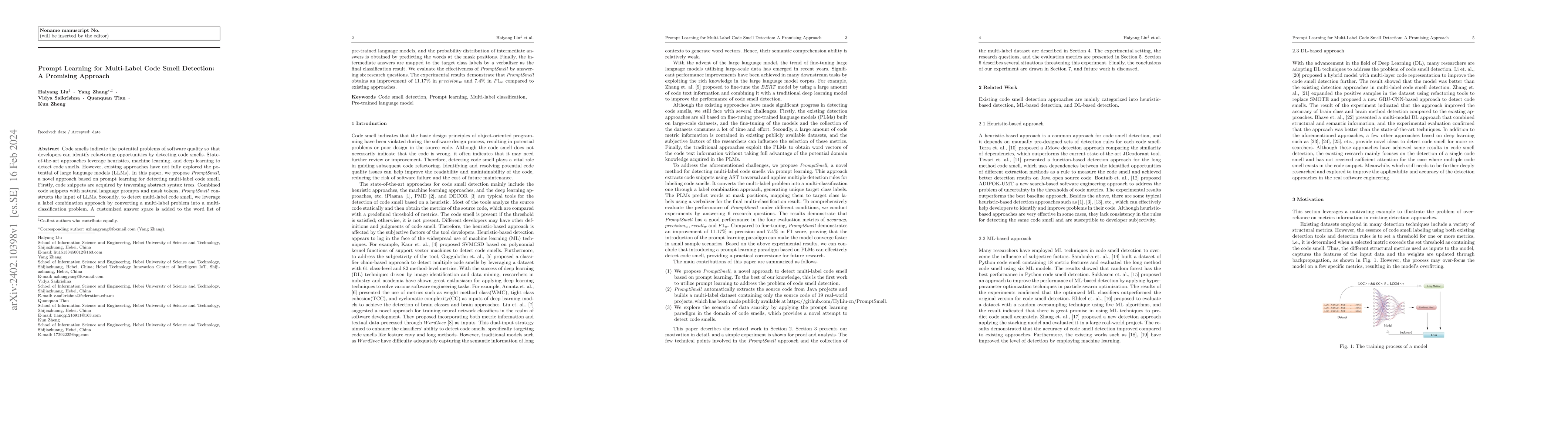 Thumbnail for Prompt Learning for Multi-Label Code Smell Detection: A Promising
  Approach