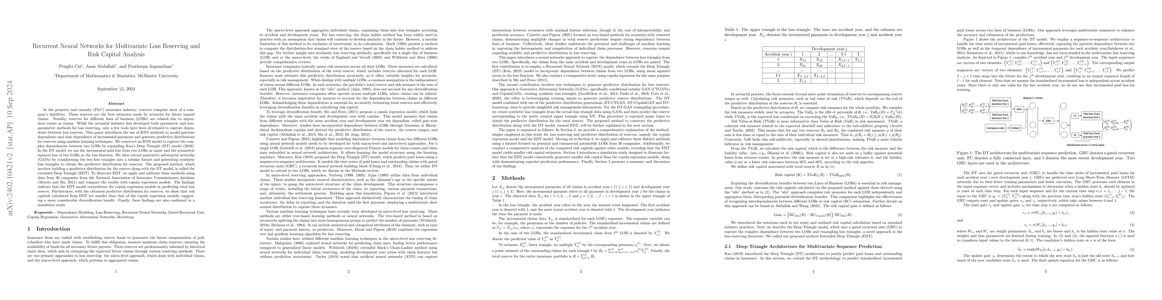 Thumbnail for Recurrent Neural Networks for Multivariate Loss Reserving and Risk
  Capital Analysis